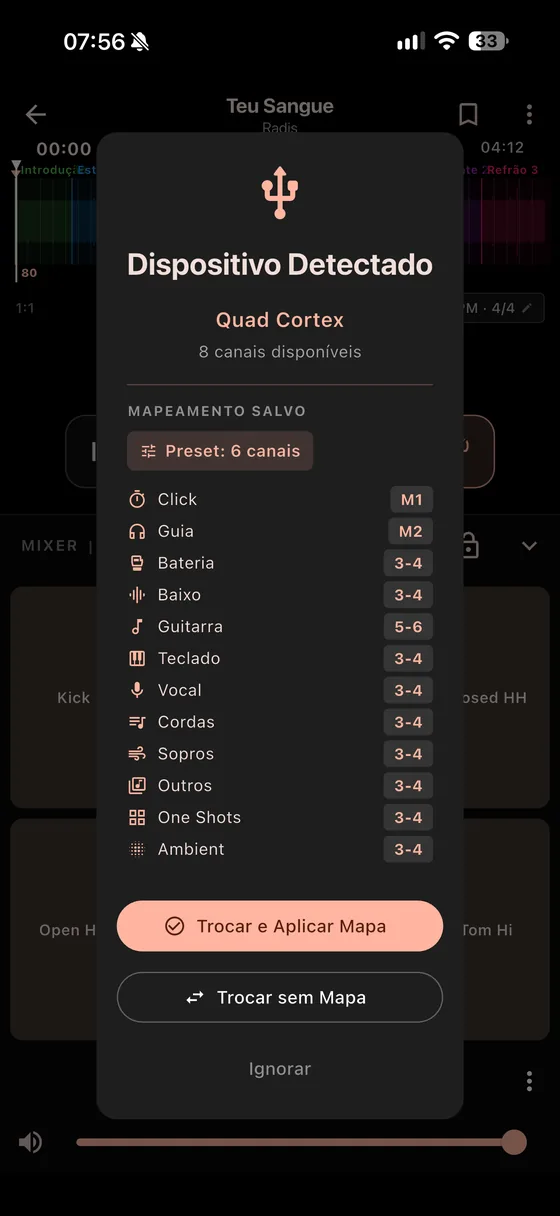 Dispositivo Detectado: Quad Cortex com preset de 6 canais e o botão Trocar e Aplicar Mapa