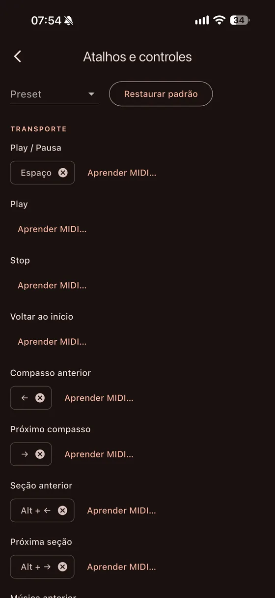 Tela de atalhos e controles com aprendizado MIDI