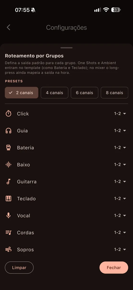 Roteamento por grupos: Click, Guia, Bateria, Baixo, Guitarra e outros em saídas diferentes
