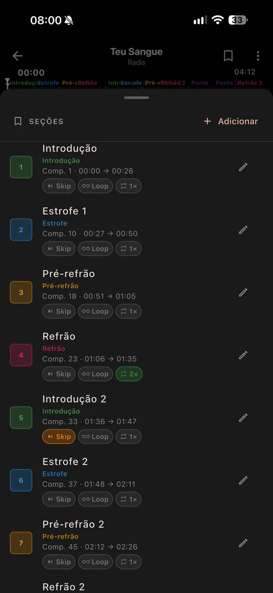 Lista de seções com botões Skip, Loop e repetição