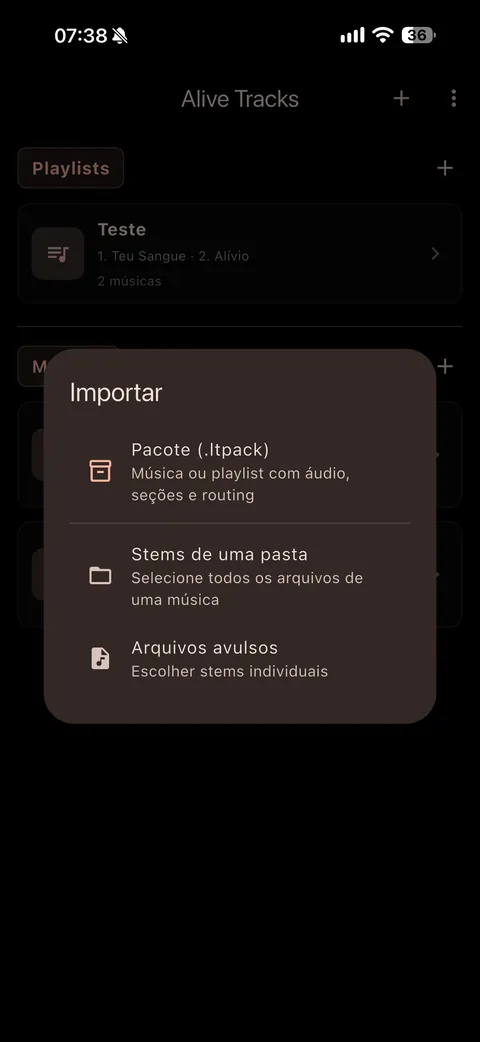Opções de importação: pacote, pasta de stems ou arquivos avulsos