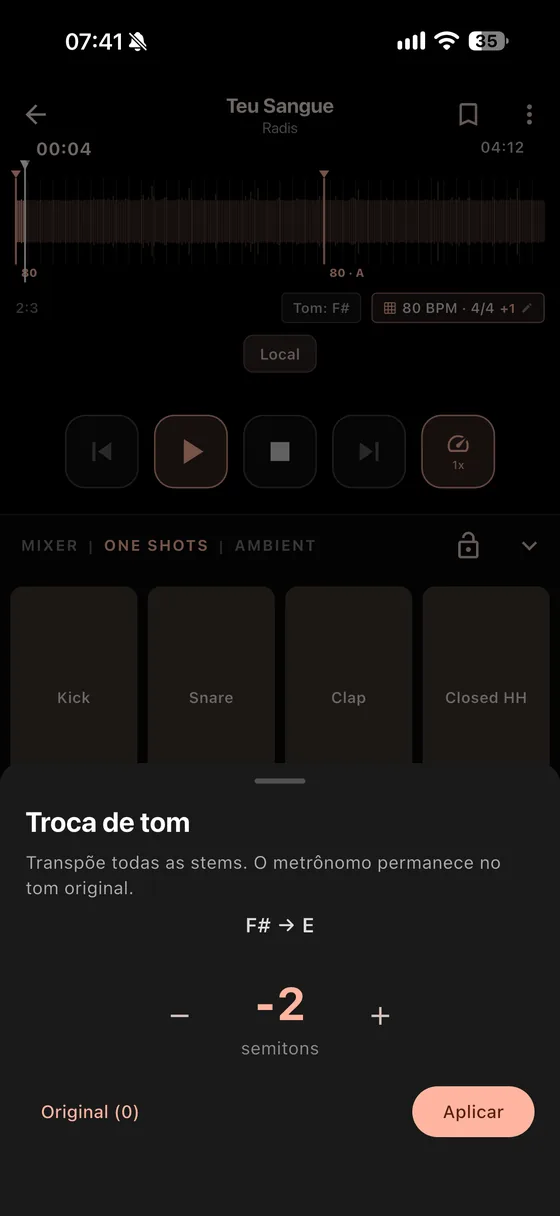 Tela de troca de tom com seletor de semitons